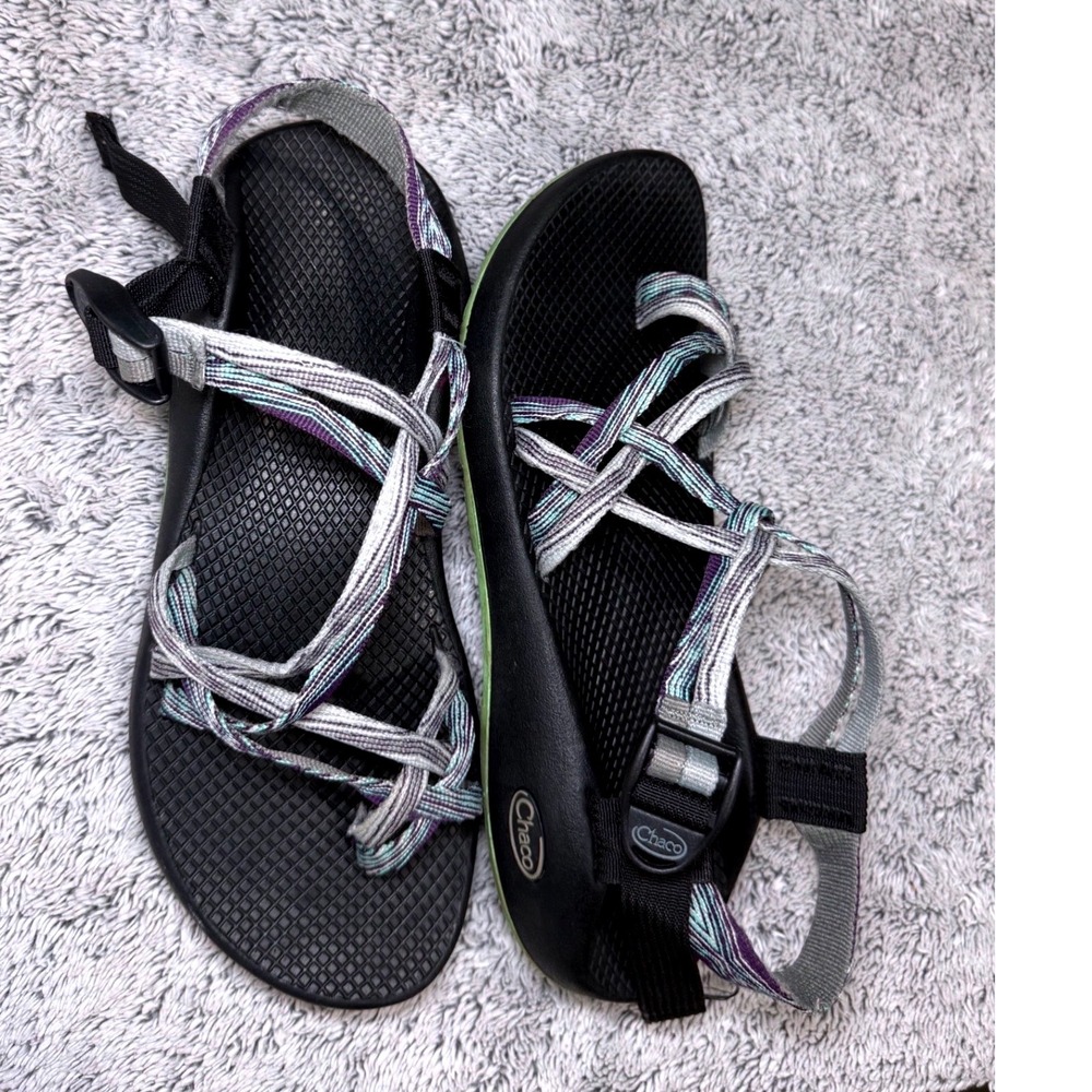 Chaco Black Sandals with Striped Pastel Webbing